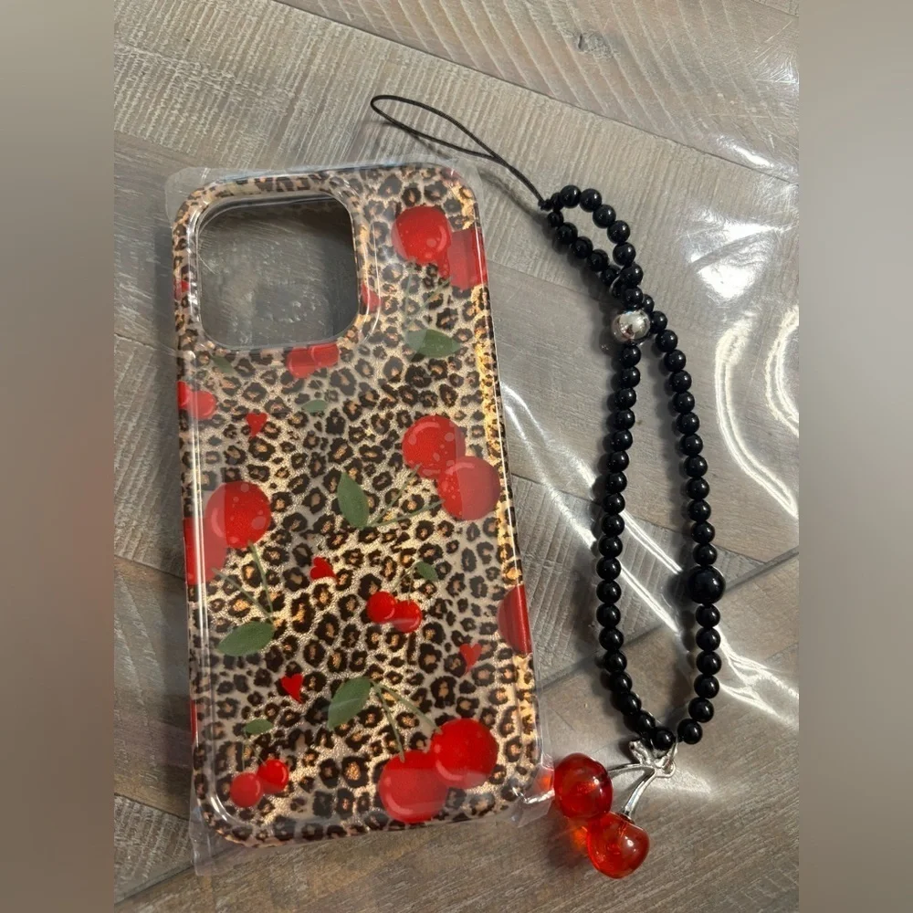 Leopard Print Cherry Phone Case with Black Beaded Strap cherry IPhone 16 Pro